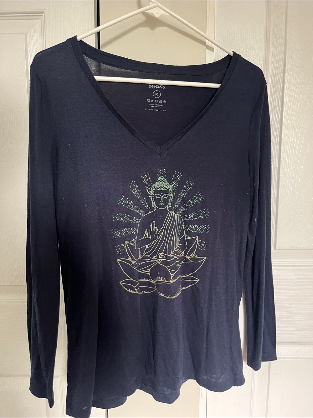 Saivana Navy Long Sleeve V-Neck Tee with Buddha Graphic